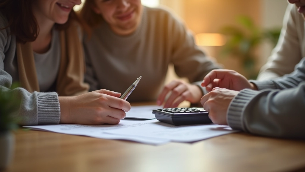 Familie sitzt am Tisch und diskutiert Hypotheken-Angebot mit Dokumenten und Taschenrechner