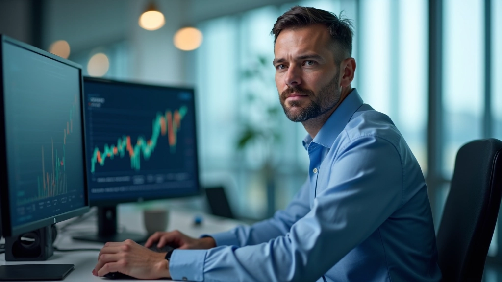 Modernes Büro mit Finanzanalyst, der Zinstrends auf mehreren Monitoren überwacht und Geldpolitik-Daten analysiert