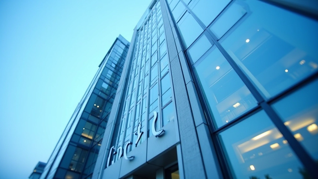 Moderne Zentrale der Europäischen Zentralbank mit Gebäudefassade und blauem Himmel
