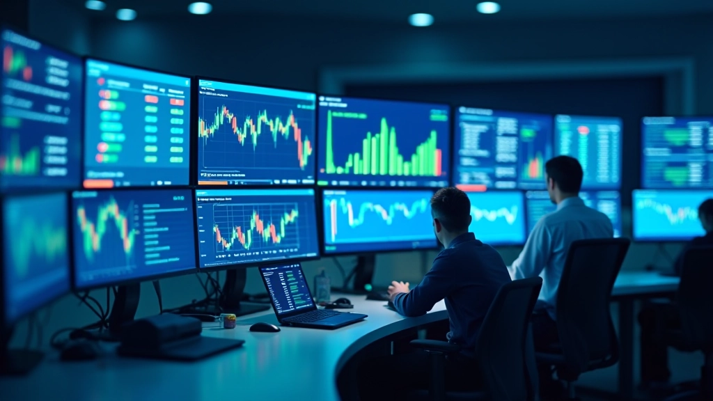 Modernes Finanzzentrum mit digitalen Anzeigen zeigt Börsen- und Zinsdaten in Echtzeit