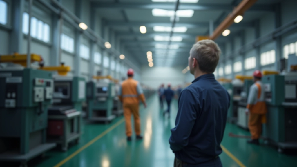 Deutsche Fabrik mit moderner Technologie und Arbeitern, die an Maschinen arbeiten