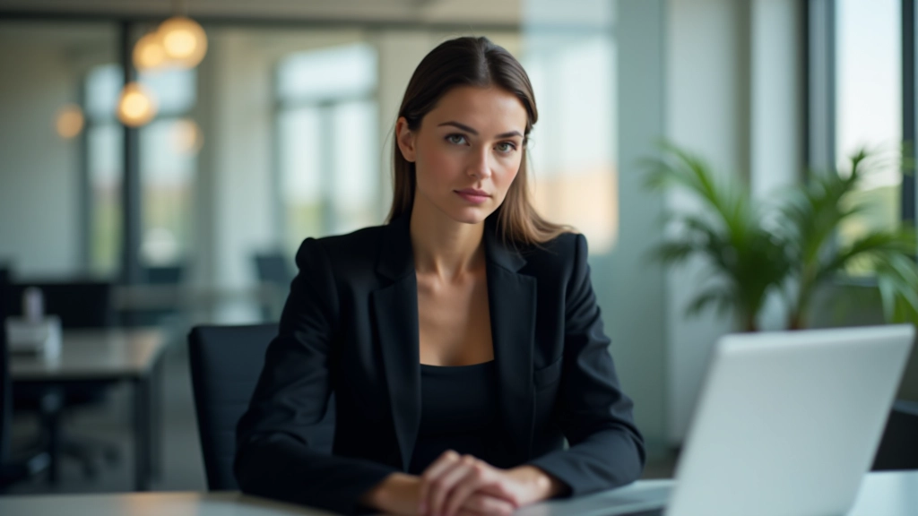 Professionelle Frau mit dunklem Anzug sitzt am Schreibtisch mit Laptop und Notizen, konzentrierter Blick, modernes Büro im Hintergrund